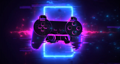 Hologramm eines lila umrandeten Gaming-Controllers vor einem dunklen Hintergrund