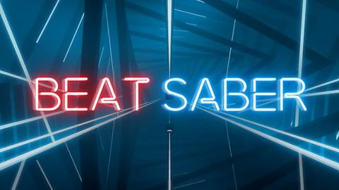 'Beat Saber' in roter und blauer Neonschrift vor futuristischem Hintergrund