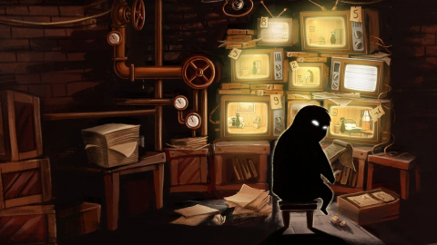 Die Hauptfigur sitzt inmitten von Papierstapeln mit Notzen und Aufzeichnungen vor einer Ansammlung an Überwachungsbildschirmen. 