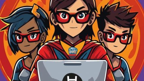 Das Logo des Spiels zeigt die Widerstandsgruppe vor einem Laptop. Im Hintergrund ist das Konzerngebäude zu sehen.