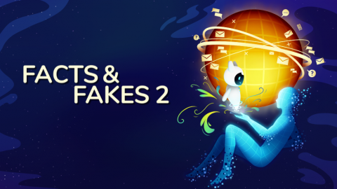 Schriftzug "Facts & Fakes 2" auf dunkelblauem Hintergrund mit Roboter-Maskottchen