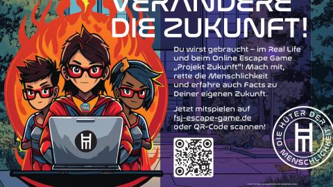 Das Logo des Spiels zeigt die Widerstandsgruppe vor einem Laptop. Im Hintergrund ist das Konzerngebäude zu sehen.