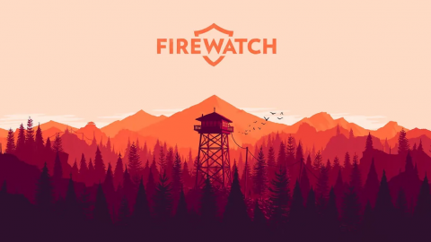 Firewatch Logo Stilisierte Darstellung des Waldgebiets aus Firewatch mit dem Aussichtsturm in der Mitte des Waldes. Die Gesamte Landschaft ist in Rottönen dargestellt, als wäre sie von der untergehenden Sonne beleuchtet.