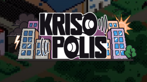 Das Logo des Spiels zeigt den Schriftzug Krisopolis inmitten einer Häuserfront. 