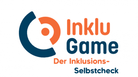 Inklu-Game Logo in orangener und dunkelblauer Schrift vor weißem Hintergrund