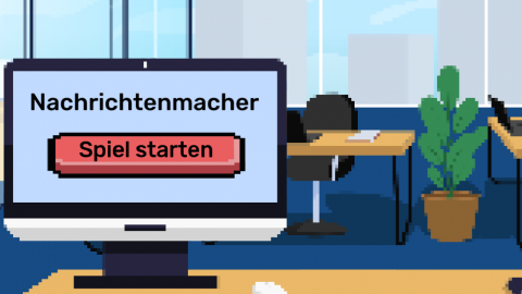 Ausschnitt aus dem Startmenü von 'Nachrichtenmacher' Büro-Arbeitsplatz in Pixel-Optik mit PC-Monitor, über den das Spiel gestartet werden kann