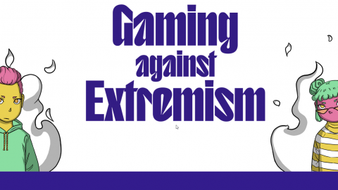 In der Mitte steht der Schriftzug des Projekts Gaming against Extremism. Die 2 spielbaren Charaktere Luca und Mia stehen links und rechts davon.