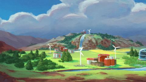 Artwork des Spiels Eine idyllische Landschaft zwischen zwei Bergketten, mit Windrädern und einem langsam dahinfließenden Fluss.
