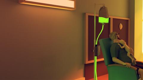 Das Titelbild von That Dragon, Cancer zeigt den Vater mit seinem Sohn auf dem Arm in einem Krankenhaus sitzen. Der Vater sitzt mit seinem Sohn auf dem Arm im Krankenhaus. Neben dem Stuhl steht ein Infusionsständer mit einer gelben Flüssigkeit.