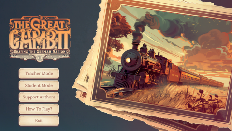 Der Startbildschirm zeigt das Logo, ein Bild einer Dampflokomotive und ein Auswahlmenü für die verschiedenen Spielmodi.