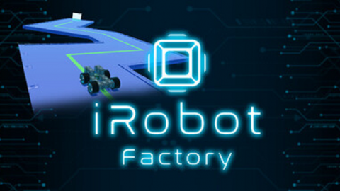 iRobot Factory Logo Das Logo des Spiels zeigt den Schriftzug "iRobot Factory" und im Hintergrund einen selbstgebauten Roboter, welcher auf einer grünen Linie fährt.