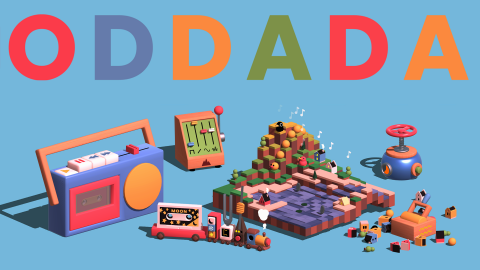 Oddada lettering with some musical instruments and a casette player underneath. 