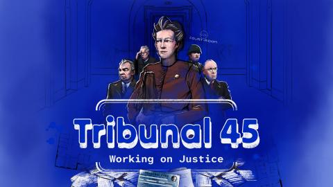 Man sieht die Protagonistin Aline Chalufour und weitere für den Prozess relevante Personen. Darunter prangt der Titel des Spiels. 