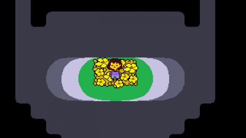 Der Hauptcharakter Frisk steht in einem Blumenfeld zu Beginn des Spiels 