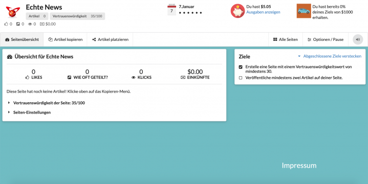 Übersichtsseite im Spiel Fake it to make it