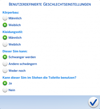 Geschlechtseinstellungen im Figurenkonfigurator Screenshot aus Die Sims 4, Ansicht der Geschlechtseinstellungen im Figurenkonfigurator