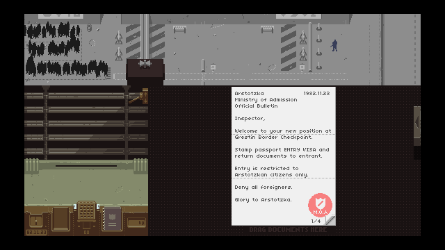Screenshot aus dem Spiel "Papers, please", gezeigt ist ein der Willkommensbrief für die Arbeit am Grenzübergang mit einer Anweisung