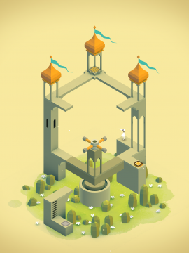 Screenshot Monument Valley, Spiellevel Szene aus Monument Valley, zu sehen ist eine Konstruktion aus Türmen und Brücken vor gelbem Hintergrund