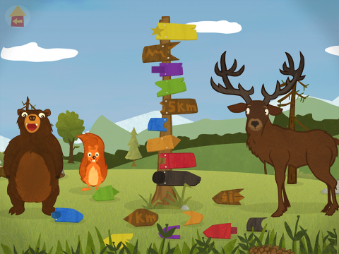 Squirrel und Bär stehen an einem Wegweiser