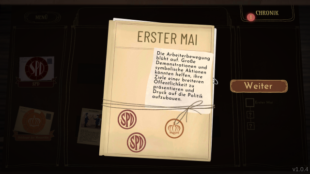 Infotext zum ersten Meilenstein des Spiels über die Arbeiterbewegung