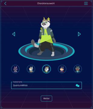 Charakterauswahl zwischen mehreren futuristisch gekleideten Katzen