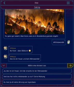Chatverlauf in einer Trainingsgruppe zu einem durch Klimawandel beeinflussten Waldbrand in Brandenburg
