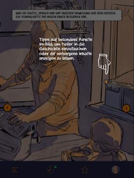 Illustration von Sabine in ihrer Wohnung, wie sie sich für die Arbeit bereit macht; Spielhinweis auf besondere Punkte im Bild, um sich verborgene Inhalte anzeigen zu lassen