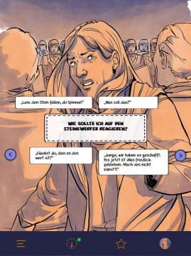 Skizze von der Demonstration mit einer Auswahl möglicher Antworten, wie Sabine auf einen Steinewerfer reagieren soll