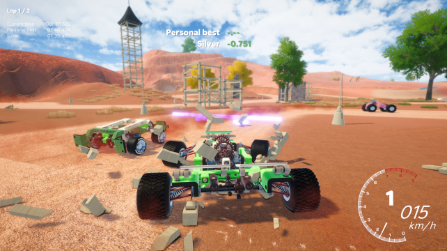 Racing cars driving down a desert track.