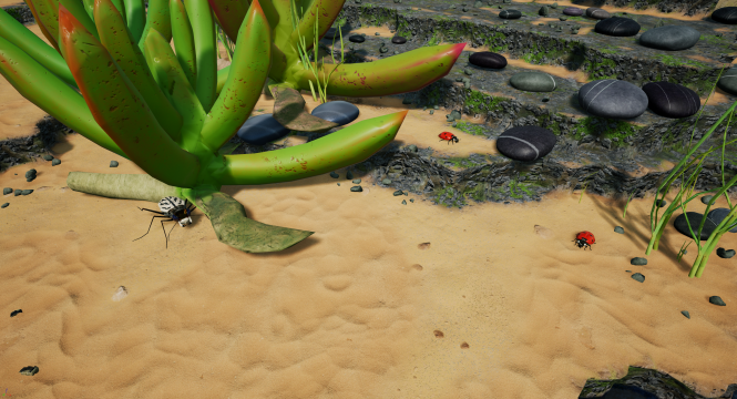 A scenery image of the game with some small insects beside a much larger plant.