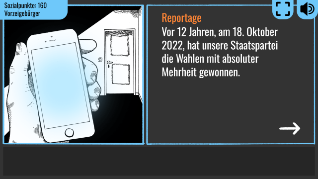 Links ist die cartoonhafte Zeichnung einer Hand mit Smartphone, rechts verrät uns der Text etwas über die Machtergreifung der fiktiven Staatspartei, die die Wahlen mit absoluter Mehrheit gewonnen hat
