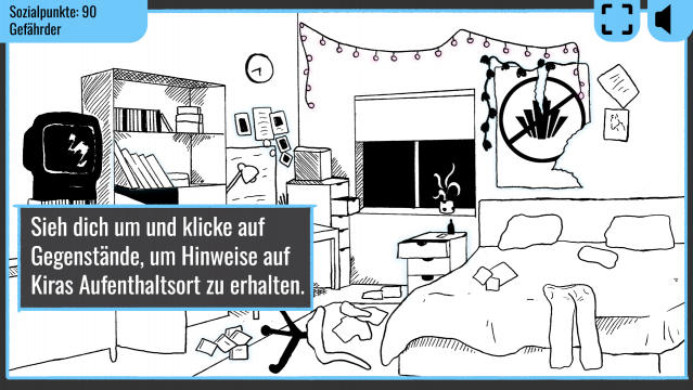 Eine Zeichnung von dem Chaos in Kiras Zimmer, das Khan durchsuchen kann, um Hinweise auf ihren Aufenthaltsort zu erhalten.