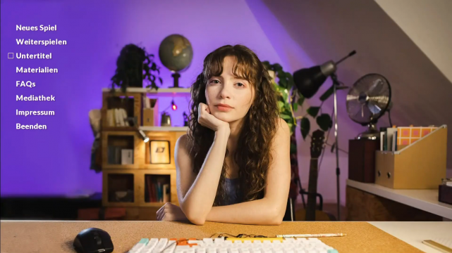 Deine Stimme Screenshot 1.png Hauptmenü des Spiels mit dem Charakter Dahlia