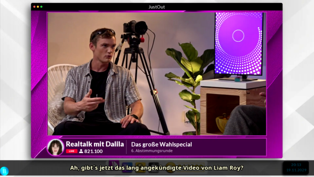 Deine Stimme Screenshot 3.png der Charakter Liam Roy wird in einem Stream von Dahlia interviewt