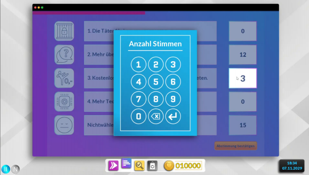 Deine Stimme Screenshot 6.png in eine fiktive Abstimmung über verschiedene Maßnahmen wird die Anzahl der jeweiligen Stimmen erfasst