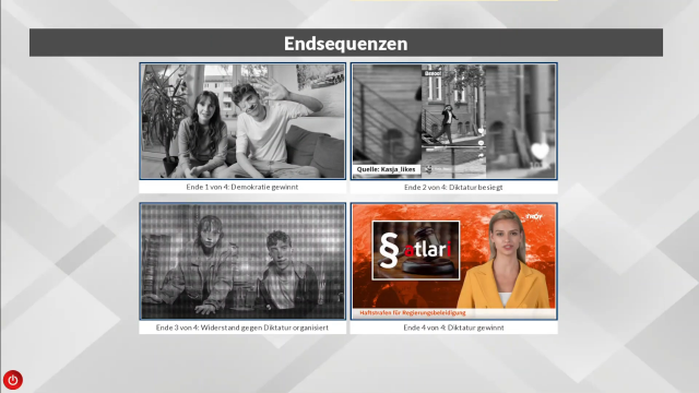 Deine Stimme Screenshot 8.png Überblick über die 4 möglichen Endsequenzen des Spiels, in denen die Demokratie oder eine Diktatur gewinnt, die Didaktur besiegt oder ein Widerstand dagegen organisiert wird