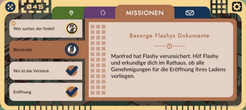 Screenshot 2025-03-13 at 13-04-35 Das Ilios Experiment - Playing History.png Die Missionsübersicht des Spiels mit verschiedenen Reitern für die aktuellen Aufgaben und Kurzbeschreibungen.
