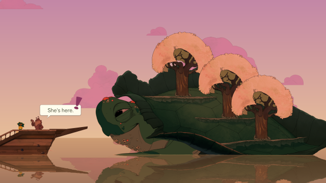 Spiritfarer SCREENSHOTS 08.png Die große sprechende Wasserschildkröte schwimmt am Schiff vorbei.