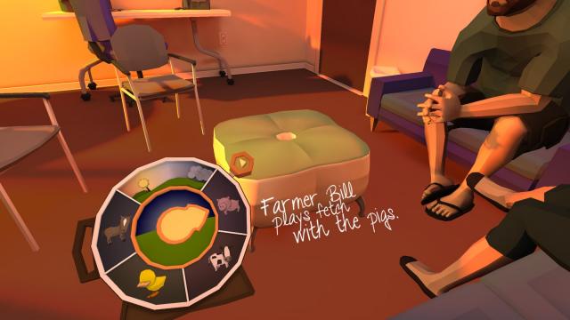 Die Familie sitzt im Kreis und der Spieler und unterhält  sich.