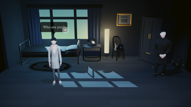 Zwei Männer ohne Gesichtszüge stehen in einem Raum voneinander abgewandt. Der Mann im weißen Anzug fragt den Mann im schwarzen Anzug wer er ist.