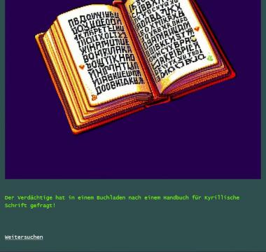 Bild eines Buchs mit kyrillischer Schrift in Pixel-Optik, Kurze Beschreibung zum Verdächtigen, Weitersuchen-Button