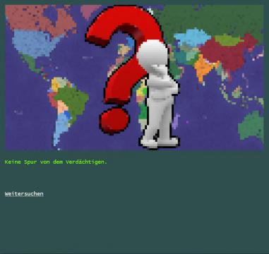 Großes Fragezeichen vor Weltkarte in Pixel-Optik, "Keine Spur vom Verdächtigen", Weitersuchen-Button