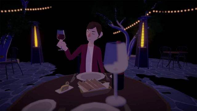 Eine Frau sitzt an einem Restaurant Tisch und hebt ein Weinglas in die Luft.