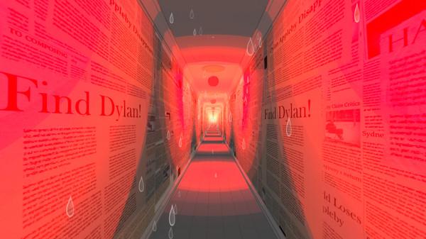 Ein langer, schmaler Gang mit Zeitungsartikeln und Botschaften an den Wänden, von rotem Licht erhellt, streckt sich in die Ferne.