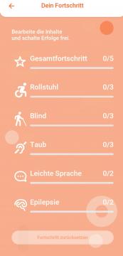 Übersicht über die freigeschaltenen Inhalte und Erfolge in den einzelnen Menüpunkten