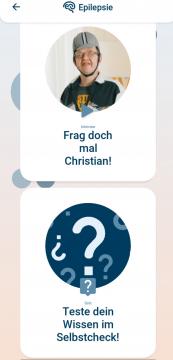 Übersicht über zwei auswählbare Menupünkte im Thema Epilepsie (Interview mit Christian, Selbstcheck)