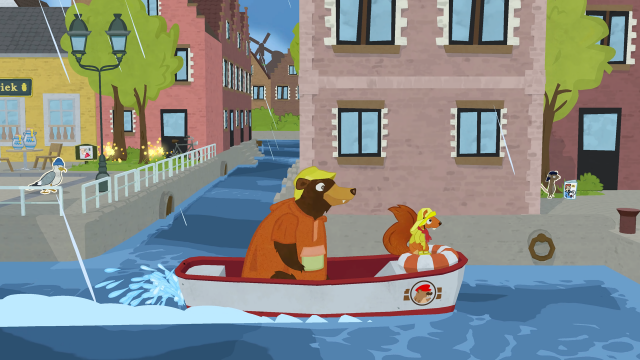 Die 2 Hauptcharaktere Eichhörnchen und Bär fahren auf einem kleinen Boot durch die Kanäle der belgischen Stadt Brügge.