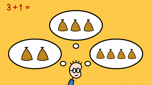 Tom denkt über 3 mögliche Antworten auf die Rechenaufgabe nach und die Spieler*innen müssen eine Denkblase auswählen.