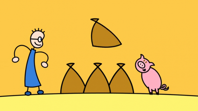 Tom hat die richtige Antwort auf die Rechenaufgabe gefunden und das Schweinchen trägt die Mehlsäcke zum Sammelpunkt.