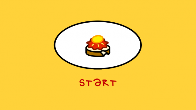 Der Startbildschirm des Spiels mit einem Erdbeermarmeladenbrot mit Honig auf gelbem Hintergrund.